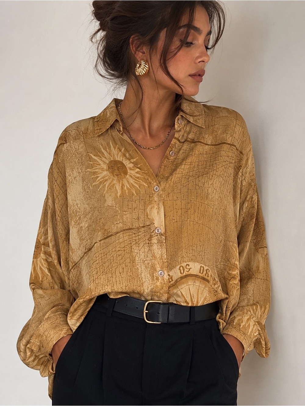 Vintage Ellen Tracy 100% Silk Celestial Print Oversized Blouse Size 6